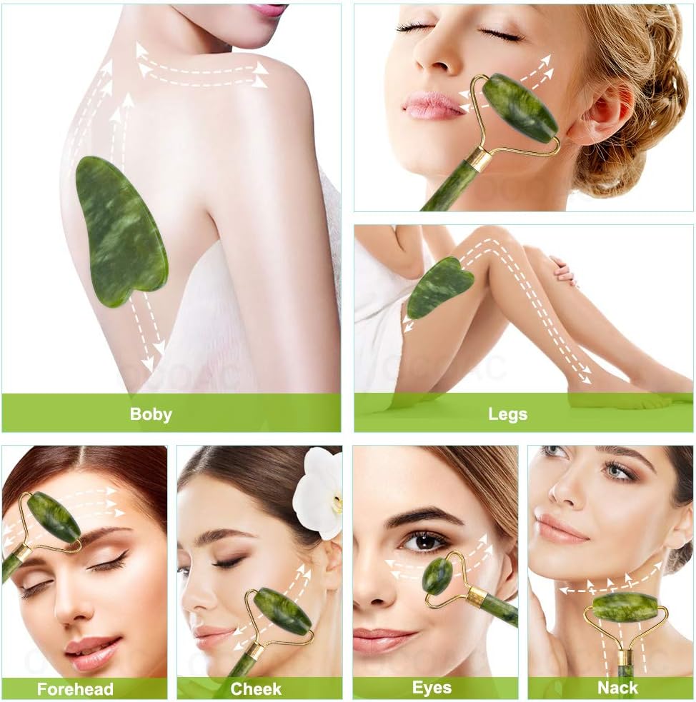 Jade Gua Sha Facial Massager Set – 5 in 1 Skin Care Tools with Roller and Massager